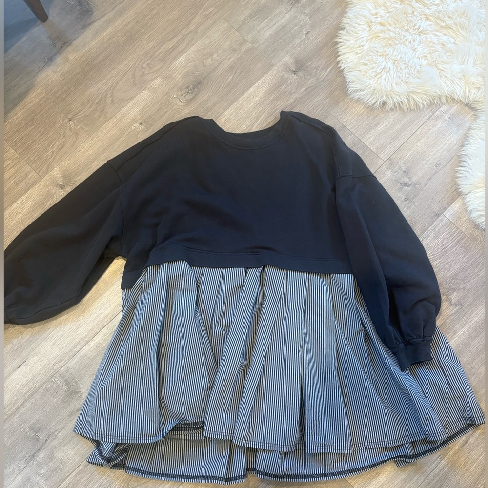 Free People Eleanor Oversized Sweatshirt Pleated Dress Grey Striped Size L - Picture 3 of 5